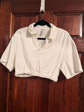 Zara White Cropped Polo Top with Elastic Hem